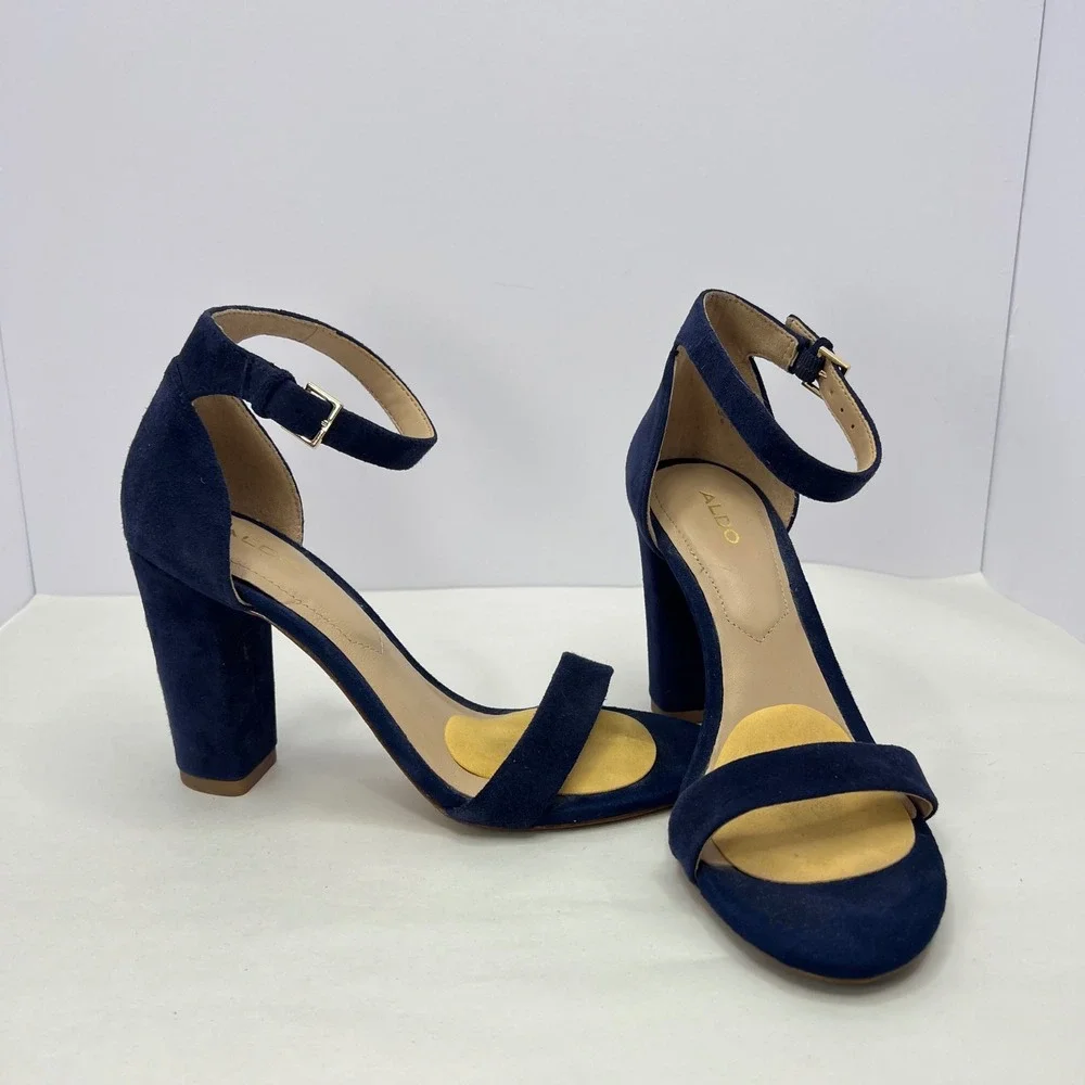 ALDO Navy Blue Heeled Sandals Womens Size 6 Suede Ankle Strap Elegant‎ Dressy